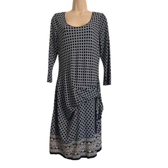 Max Studio Stretchy Mock Wrap Size Large Print Dress 3/4 Sleeve Blue Scoop Neck - Picture 7 of 8
